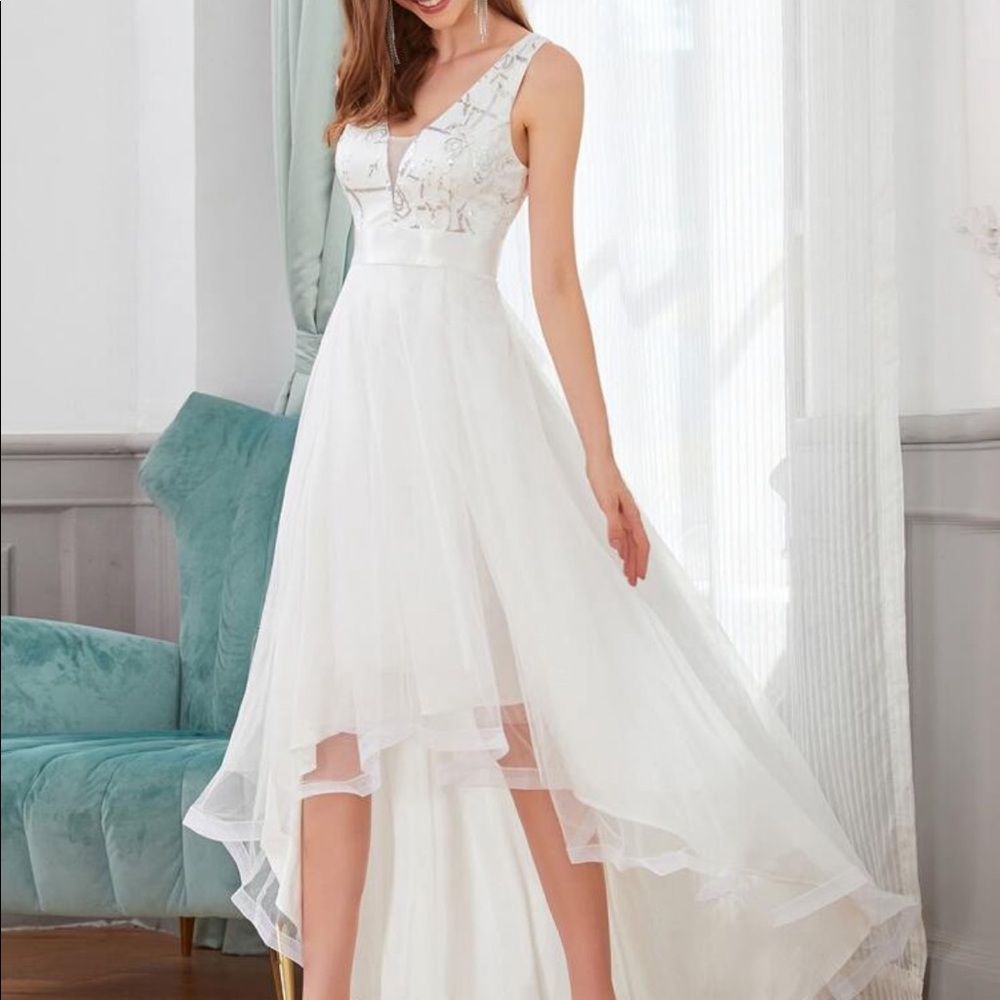 Azazie Ever-Pretty Sequin Embroidered Tulle High Low Dress